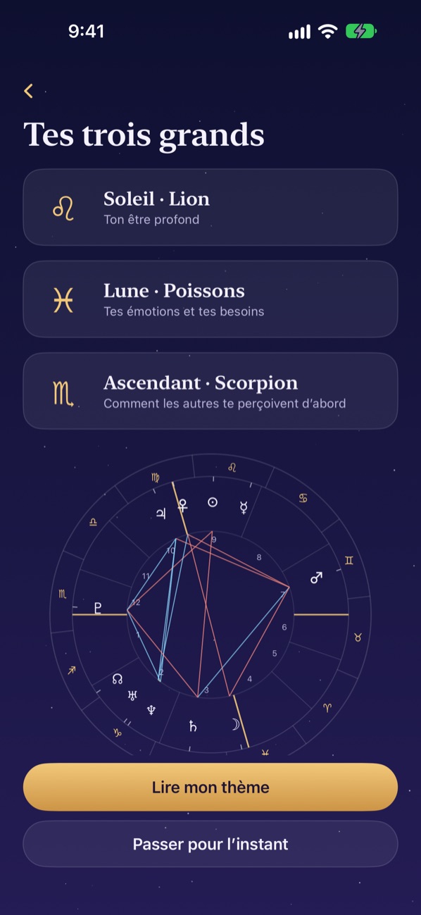 Vos trois grands : Soleil en Lion, Lune en Poissons et ascendant, avec la roue de votre thème natal