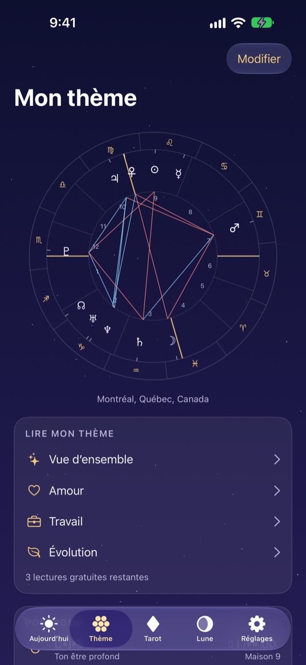 La roue de votre thème natal avec les planètes, les maisons et les aspects
