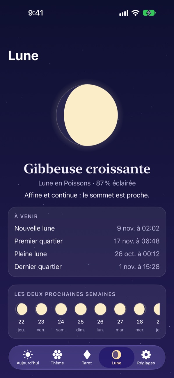 La Lune : la phase du jour, les prochaines nouvelle et pleine lune, et les deux prochaines semaines
