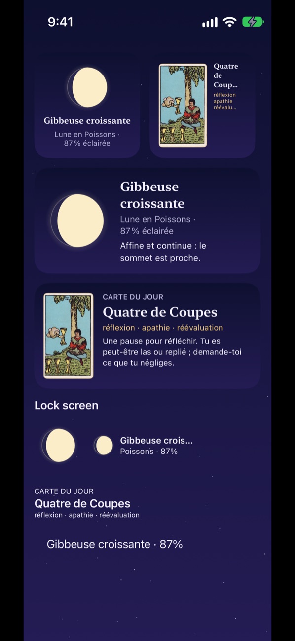 Widgets de la Lune et de la carte du jour pour l’écran d’accueil et l’écran verrouillé