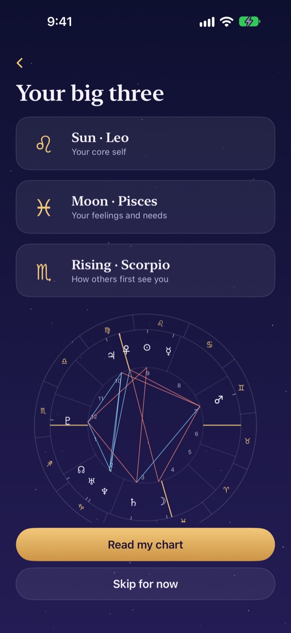 Your big three: Sun in Leo, Moon in Pisces and rising sign, with your birth chart wheel