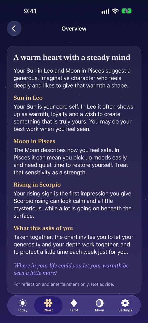 A personal chart reading explaining your Sun, Moon and rising sign