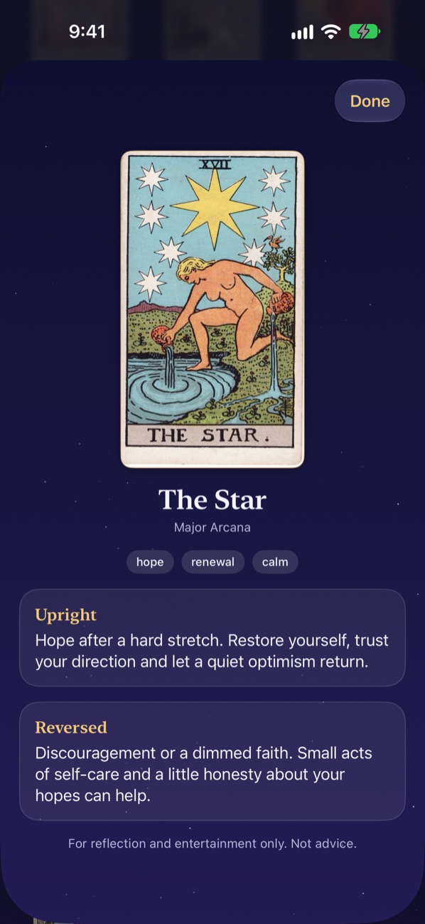 A tarot card page with keywords and its upright and reversed meaning