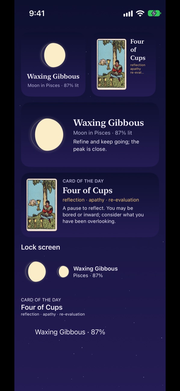 Moon and card-of-the-day widgets for the home screen and the lock screen
