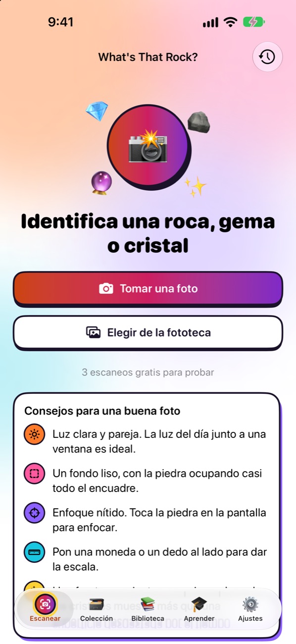Pantalla de escaneo: toma una foto o elige una de tu fototeca