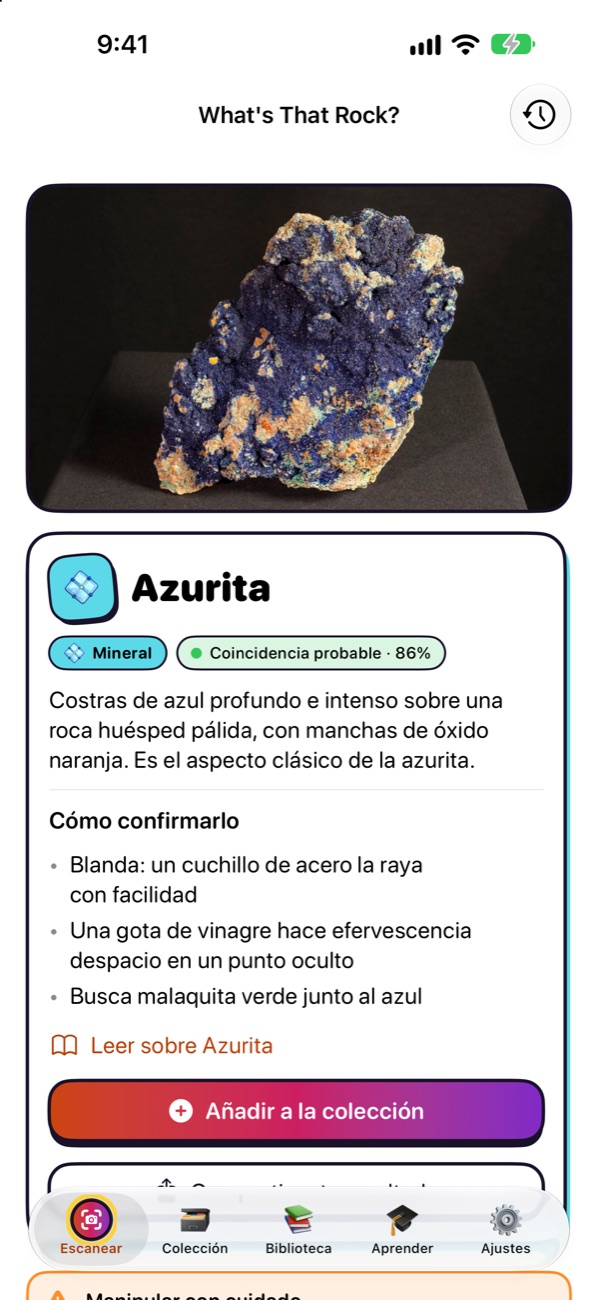 Resultado del escaneo: azurita, coincidencia probable del 86 por ciento, con pruebas sencillas para confirmarlo