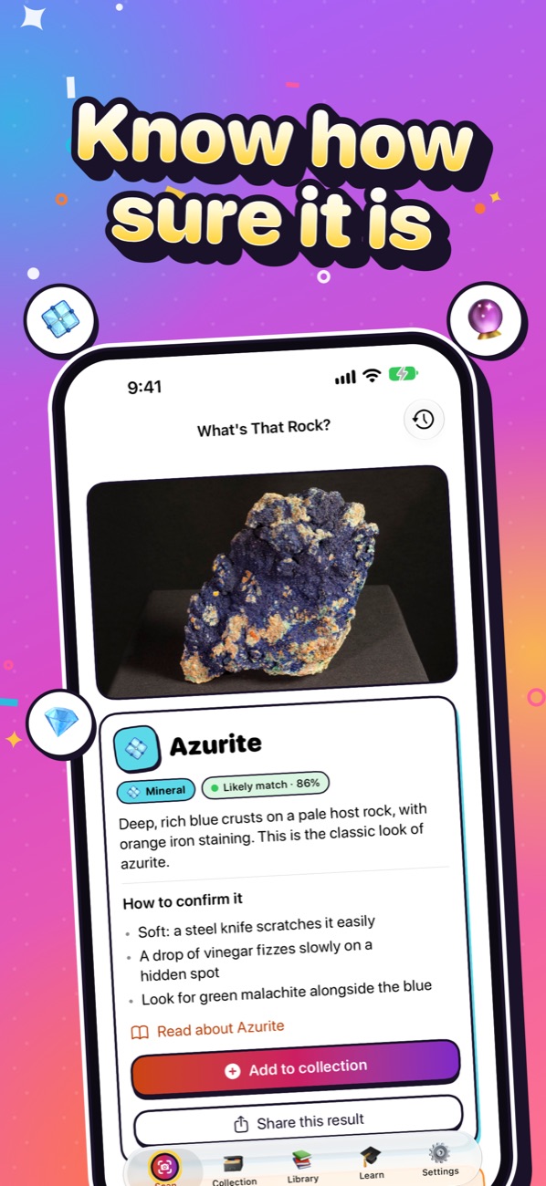 Scan result: Azurite, likely match 86 percent, with simple tests to confirm it