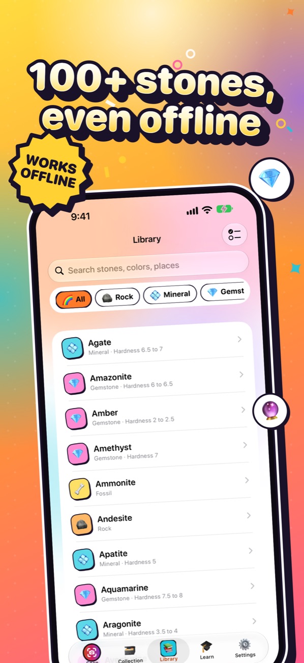 A library of more than 100 stones that works offline